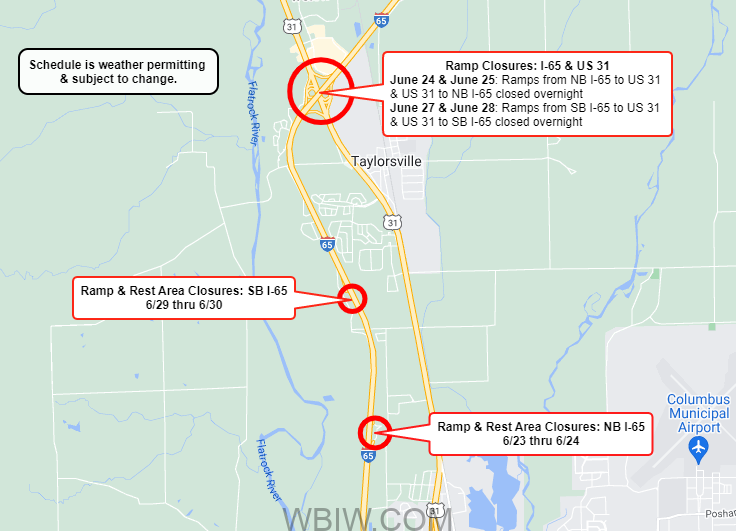 I65 rest park ramps and U.S. 31 to I65 ramp closures WBIW